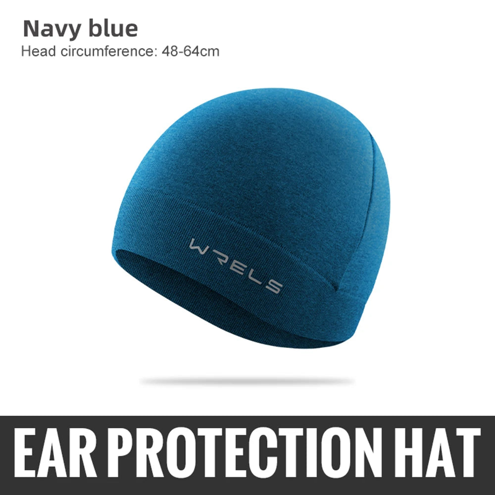 Navy blue windproof thermal knit beanie hat shown in a close-up view.