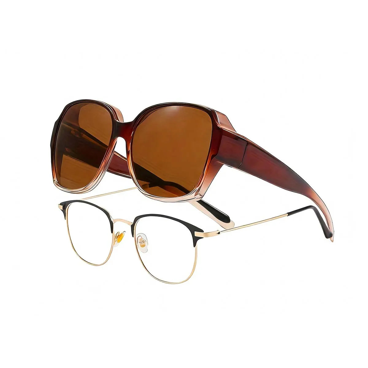 Brown tinted sunglasses with tortoiseshell frames and gold accents