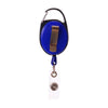 A blue retractable ID badge reel keychain with a gold-colored slide and a black loop.