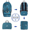 A teal foldable travel backpack shown in various stages of folding and unfolding.
