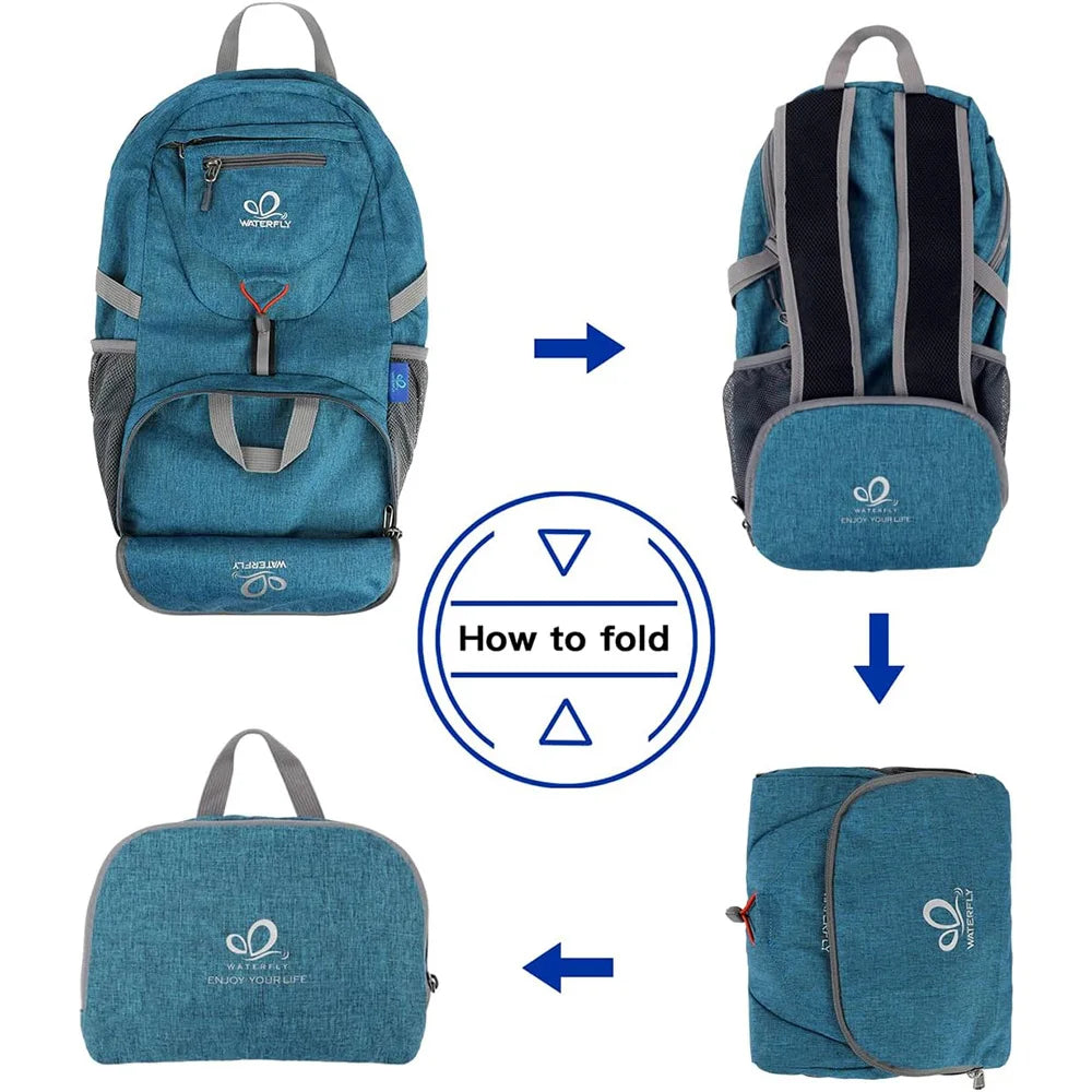 A teal foldable travel backpack shown in various stages of folding and unfolding.