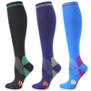 Three pairs of medical grade compression socks in black, navy blue, and bright blue.