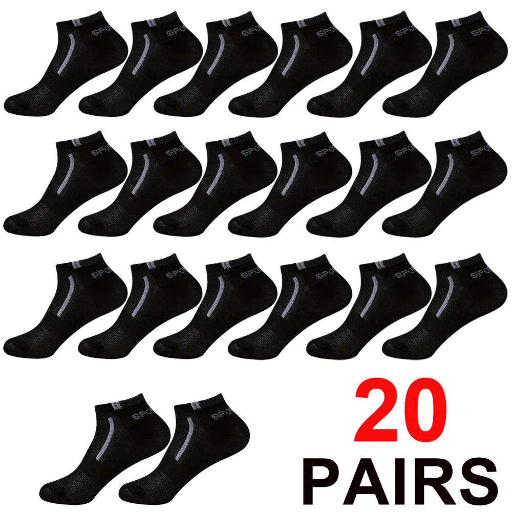 A set of twenty pairs of black mesh ankle socks displayed in a flat lay view.