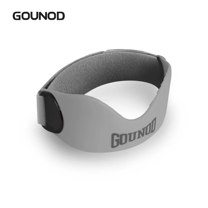 A gray silicone knee support strap worn around the leg.