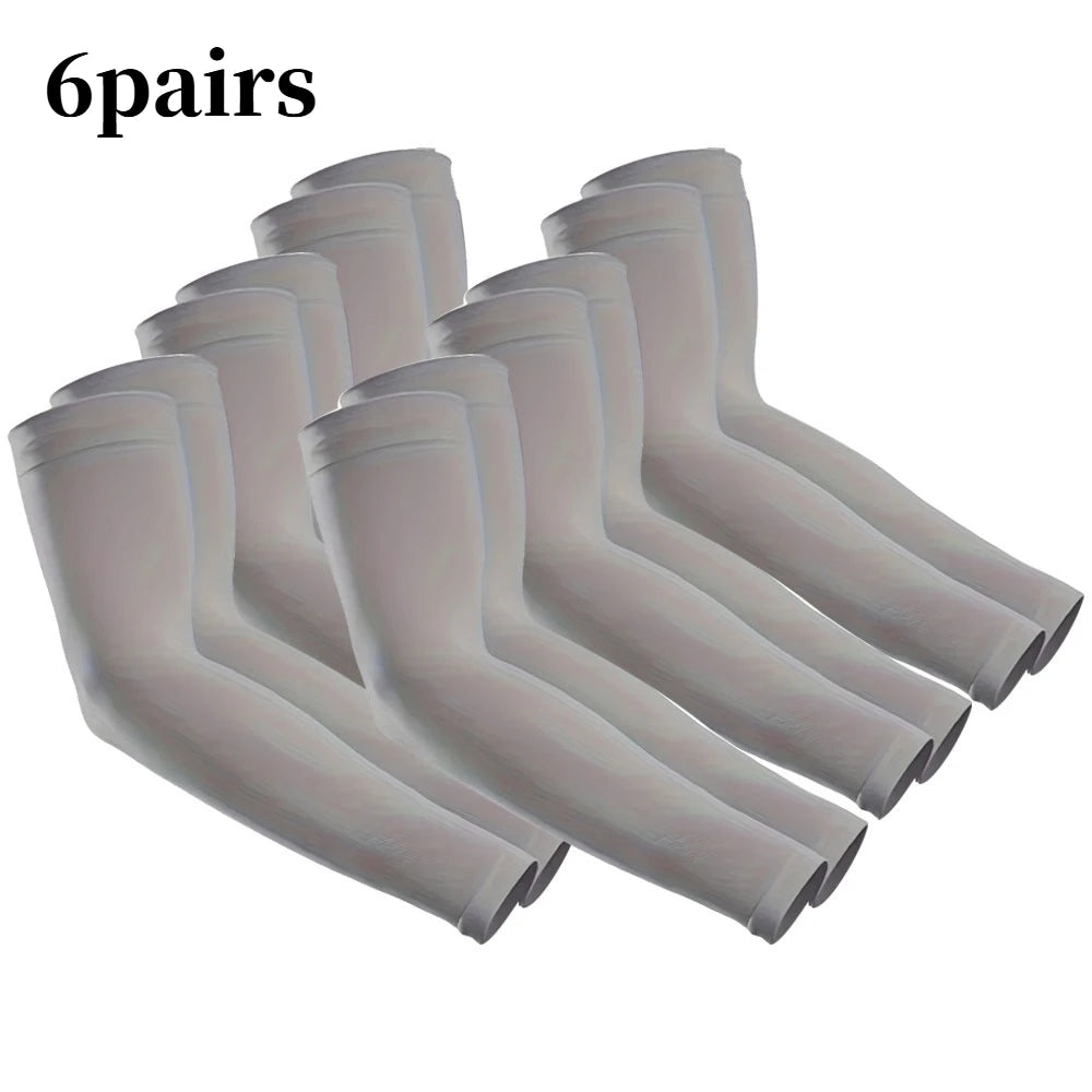 Six pairs of light gray UV protection compression arm sleeves laid out for display.