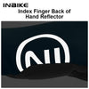 Index finger back of a hand reflector on a dark cycling glove.