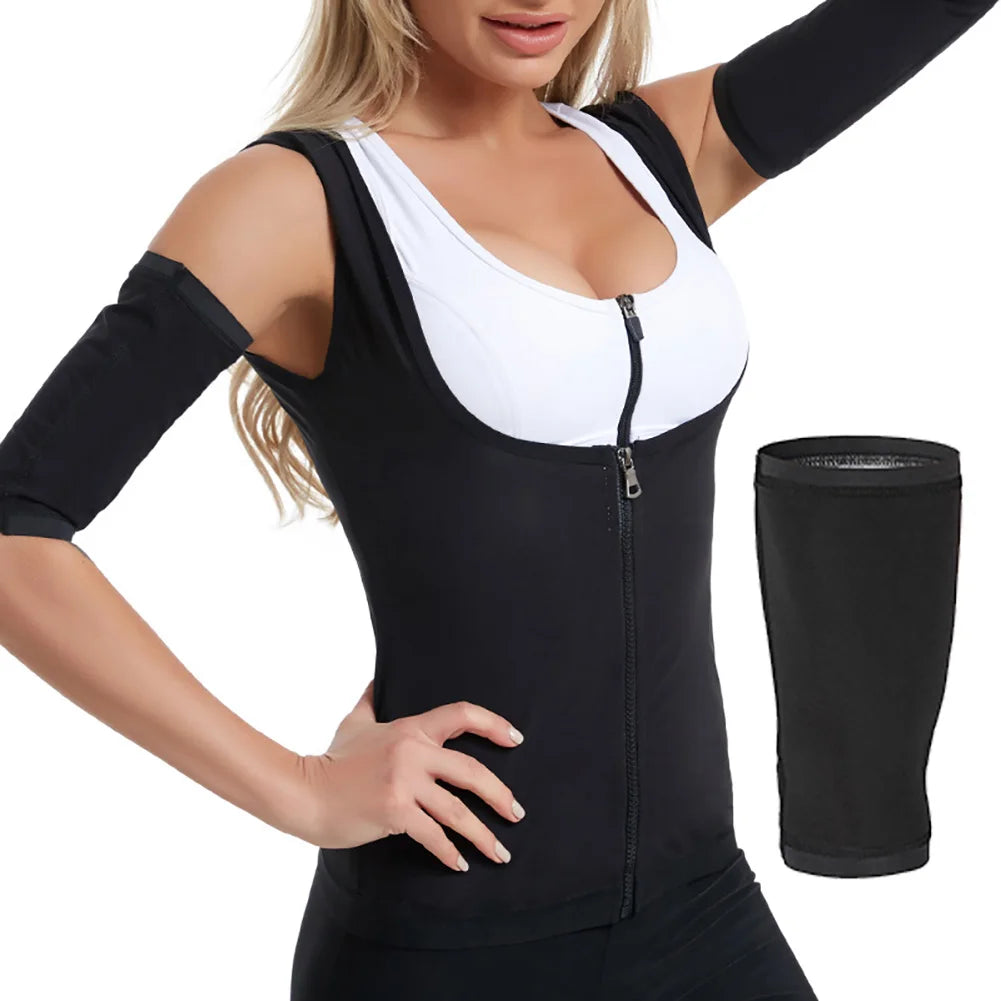 A woman wearing black slimming arm shaper sleeves and a white top, with an extra sleeve shown separately.