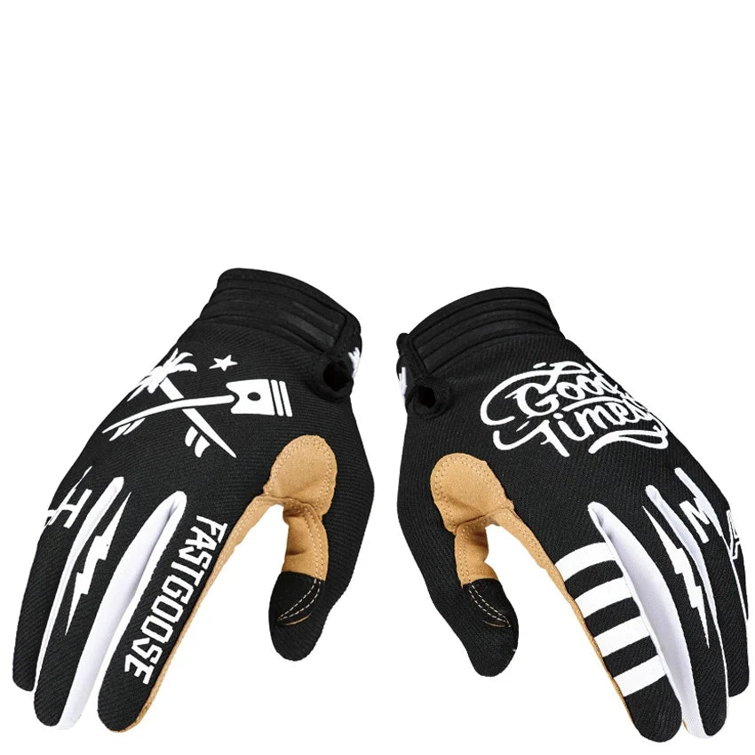 Pair of black and white full-finger motocross and off-road cycling gloves