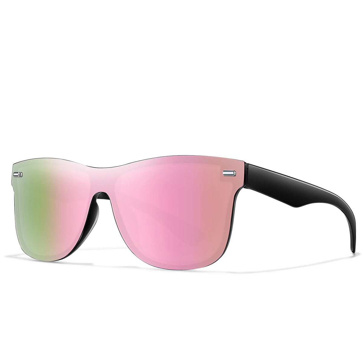 Pink-tinted frameless sport sunglasses with black arms shown against a white background.