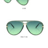 A set of green-tinted sunglasses shown from the side, positive view, and back view.