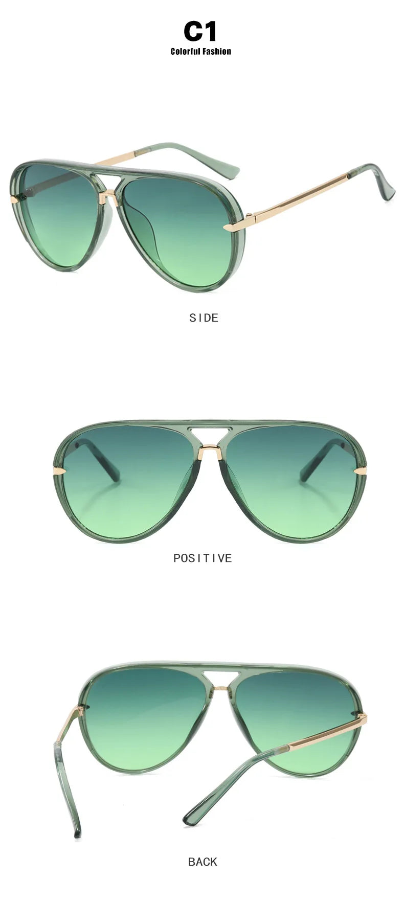 A set of green-tinted sunglasses shown from the side, positive view, and back view.