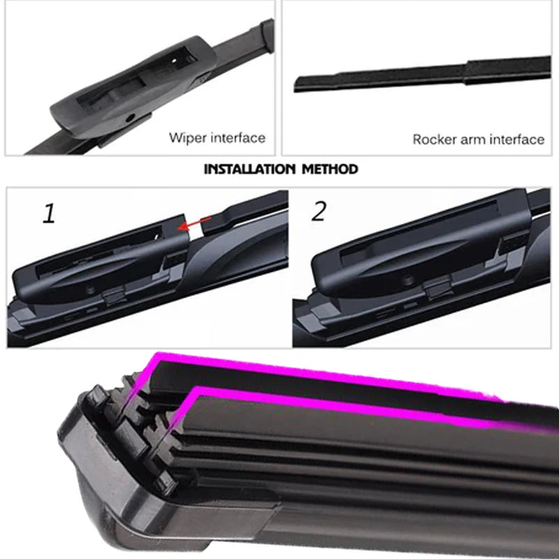Installation methods for universal car wiper blades showing wiper interface and rocker arm interface.