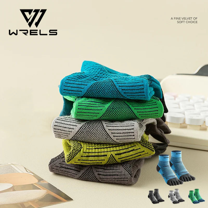 A stack of colorful five-finger compression socks in various shades of blue, green, and gray.