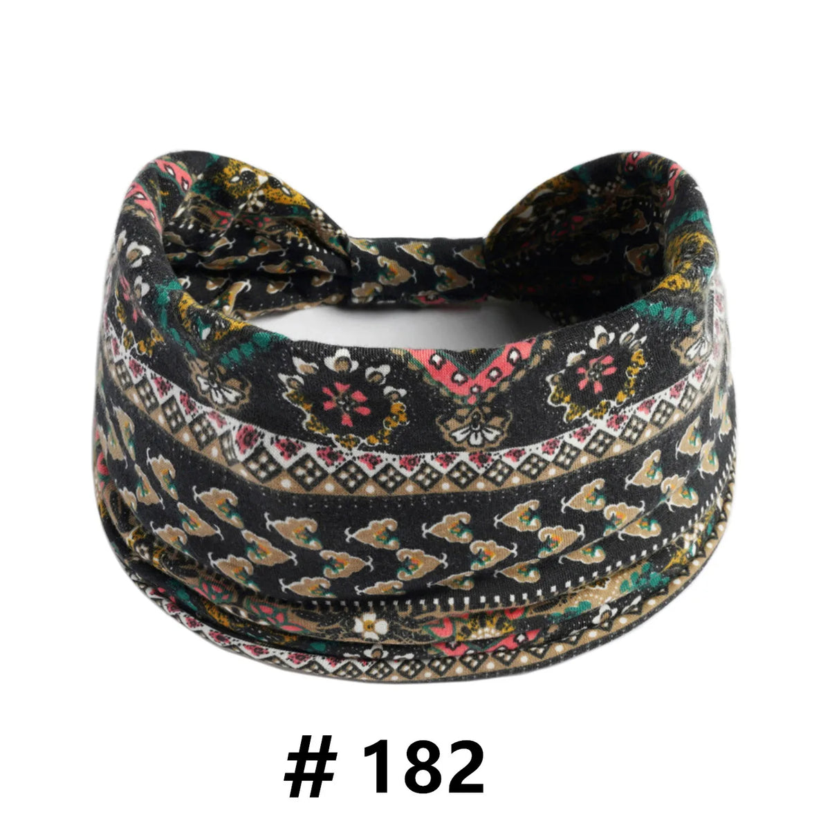 A close-up of a black patterned boho cotton turban headband.
