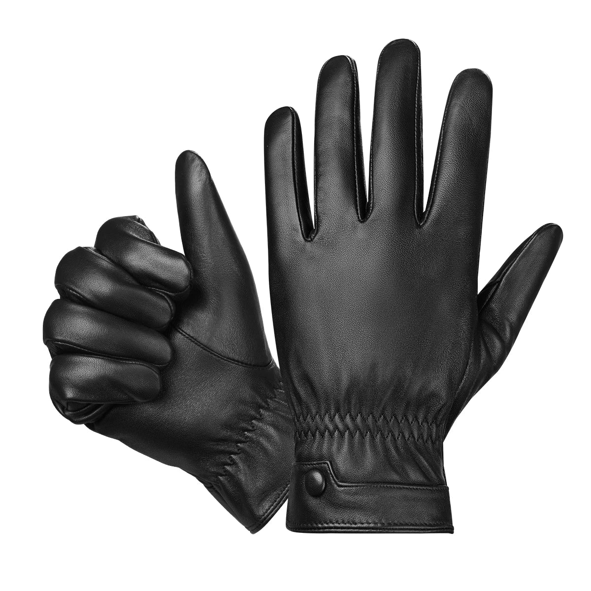 Une paire de gants d'hiver en cuir véritable de brebis noirs pour hommes, sur fond blanc.
