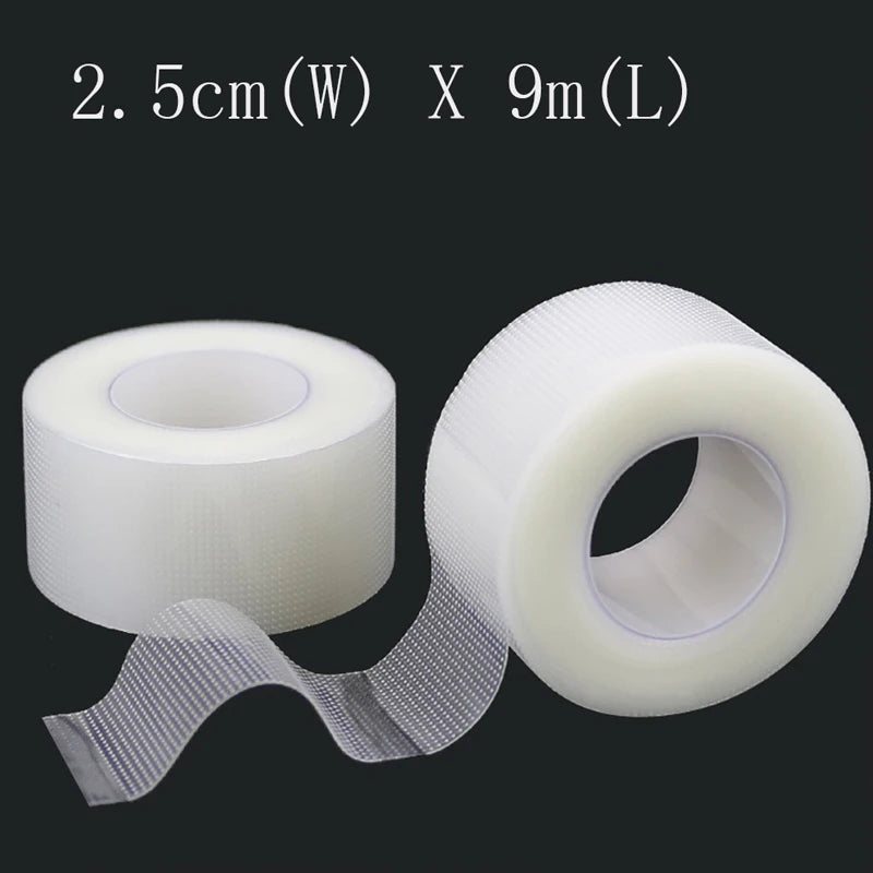 Rolls of transparent fabric eyelash extension tape, measuring 2.5cm wide by 9m long.
