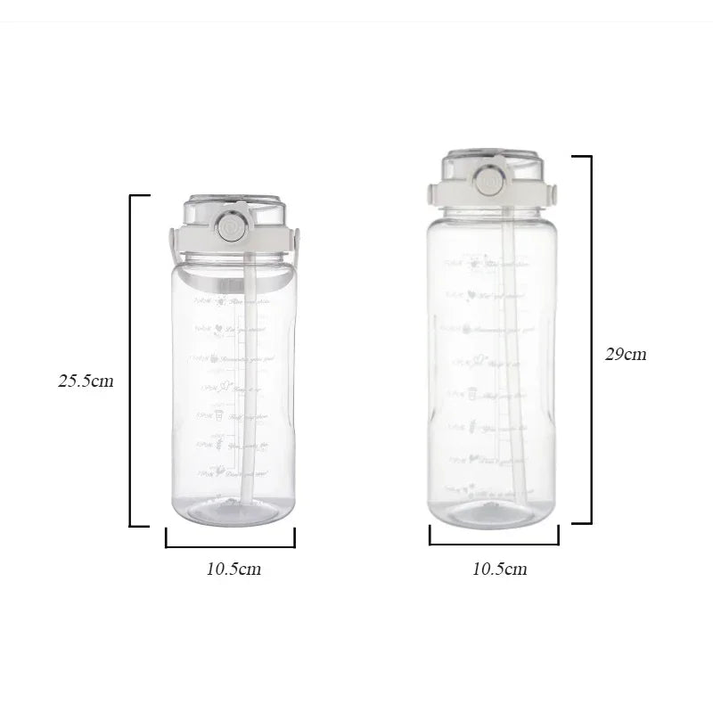 Clear plastic water bottle with a sports straw and time scale markings