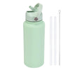 A light mint green stainless steel vacuum flask water bottle with a hinged lid and a separate straw.