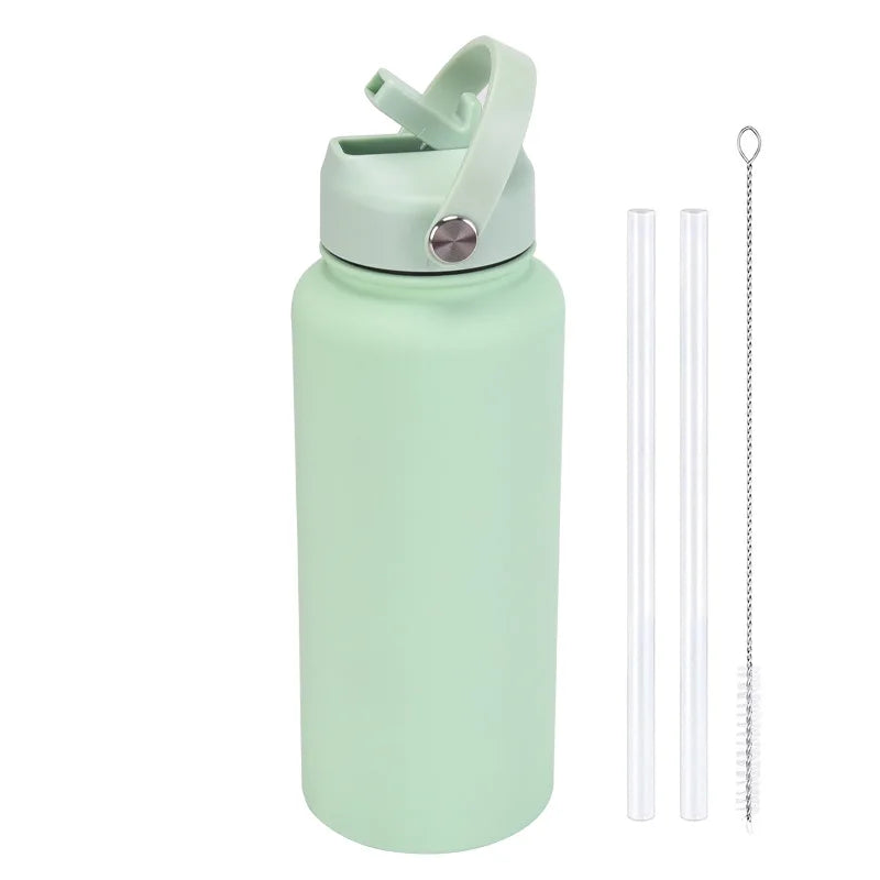 A light mint green stainless steel vacuum flask water bottle with a hinged lid and a separate straw.