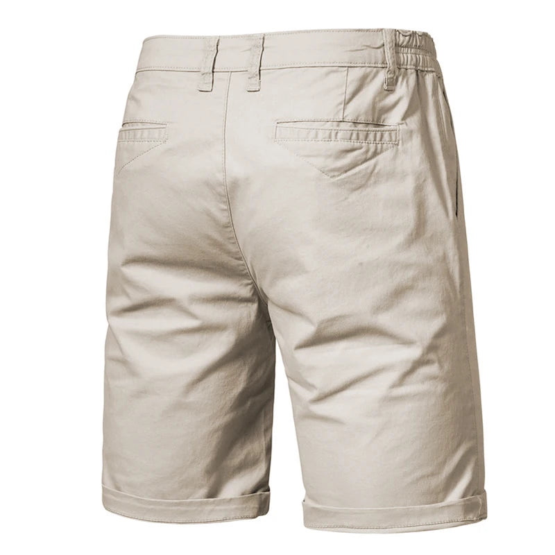 Light beige men's summer cotton casual shorts shown from the back