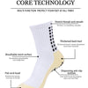 A white athletic sock showing various features like stretch thread, thickened heel, breathable mesh, flat sole, and anti-slip