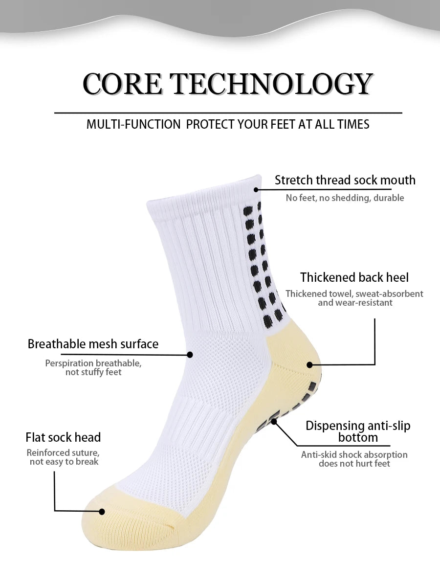 A white athletic sock showing various features like stretch thread, thickened heel, breathable mesh, flat sole, and anti-slip