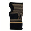 Black knit wrist compression brace with beige geometric pattern and ribbed cuff