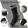A close-up view of durable wool socks showing features like an anti-slip top, durable heel, anti-blisters toe, and arch suppo