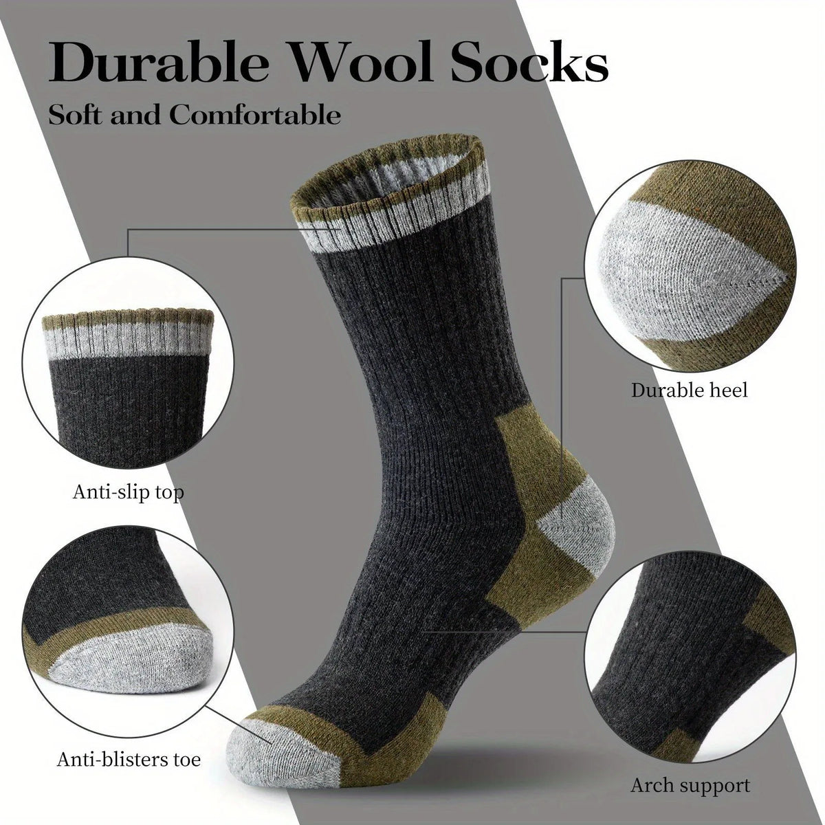 A close-up view of durable wool socks showing features like an anti-slip top, durable heel, anti-blisters toe, and arch suppo