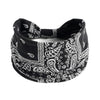 Black bohemian cotton stretch headband with intricate white paisley and floral patterns