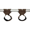 A pair of brown gym lifting straps with wrist supports mounted on a silver bar.