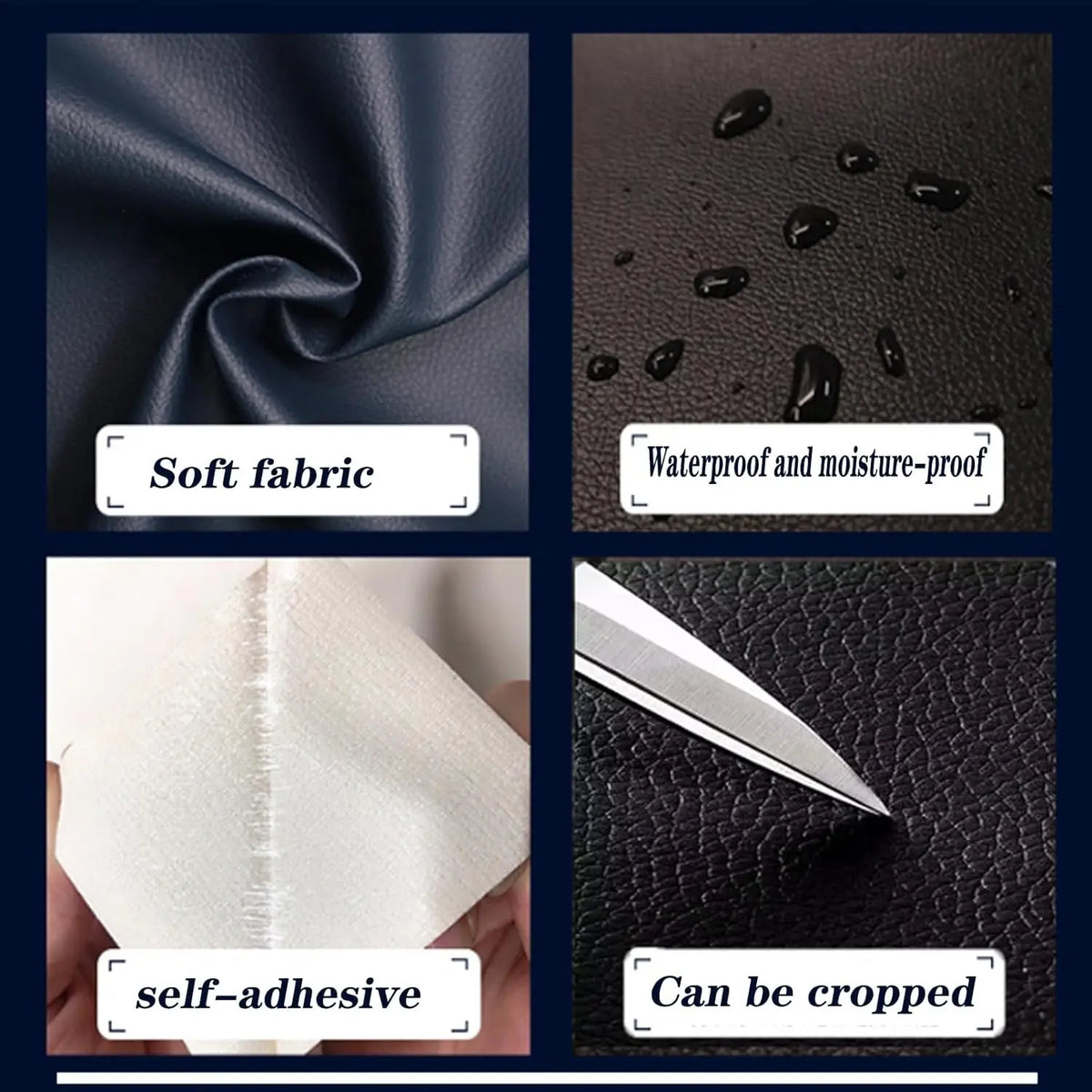 Images showing soft fabric, waterproof and moisture-proof material, self-adhesive patches, and a patch that can be cropped.
