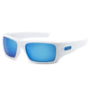 White vintage rectangle sunglasses with blue lenses and a white frame