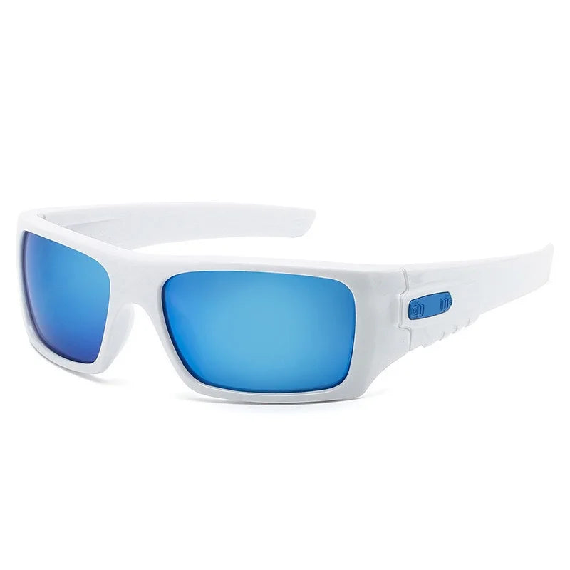 White vintage rectangle sunglasses with blue lenses and a white frame