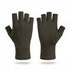 A pair of dark gray fingerless compression gloves shown against a white background.