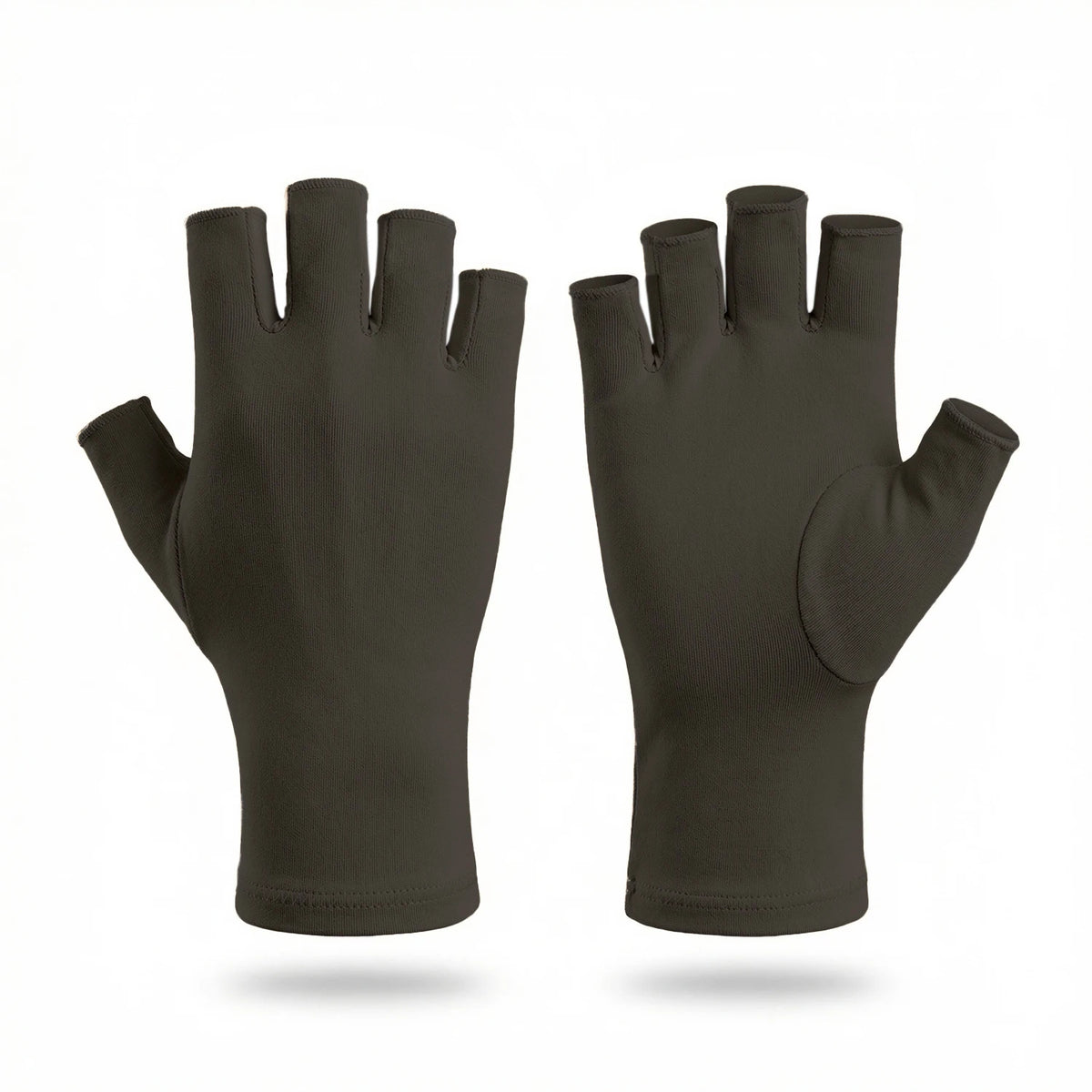 A pair of dark gray fingerless compression gloves shown against a white background.