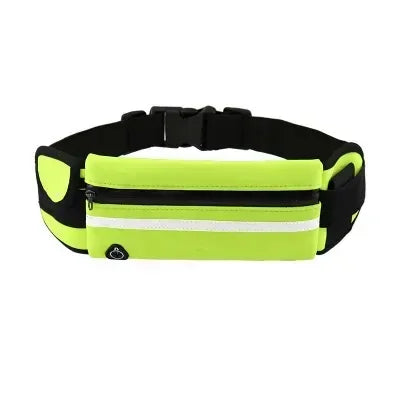 A black adjustable sport waist bag with neon yellow accents for carrying phones and essentials.