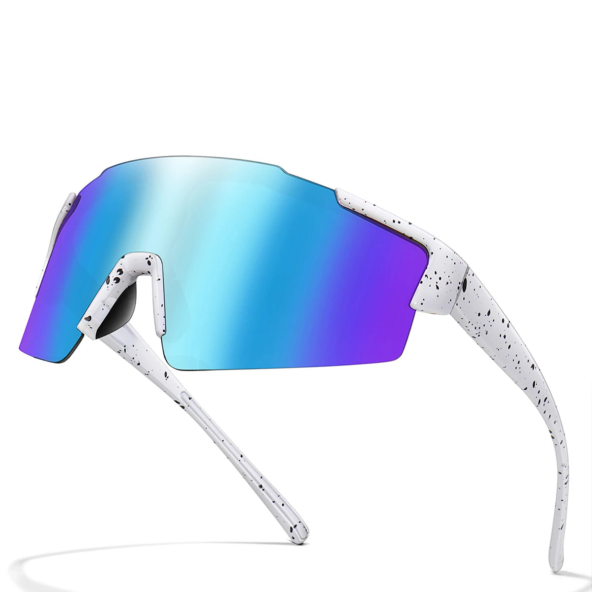A pair of white cycling sunglasses with iridescent blue and purple lenses shown in profile.
