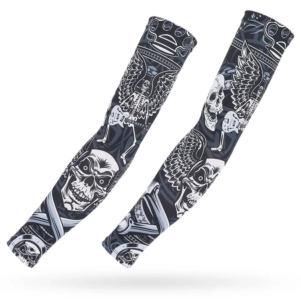 A pair of black and white ice silk arm sleeves featuring skulls and wings designs for sun and heat protection.