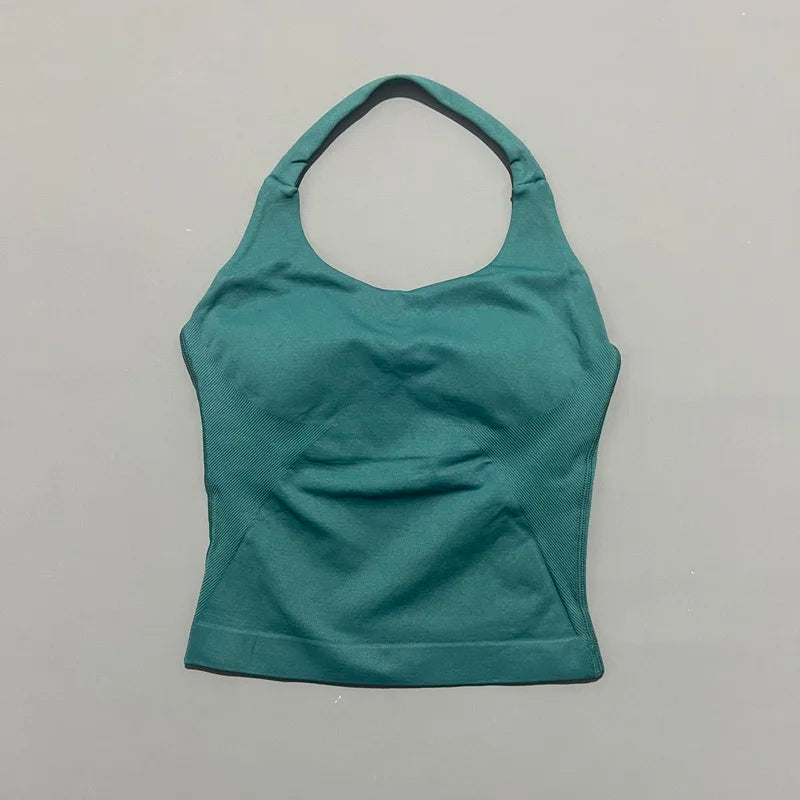 Türkisfarbenes, einteiliges Strick-Gym-Tanktop mit runder Ausschnitt und figurbetontem Schnitt.