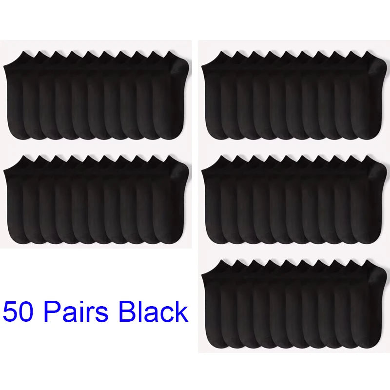 Fifty pairs of black comfort fit ankle socks displayed in multiple rows.