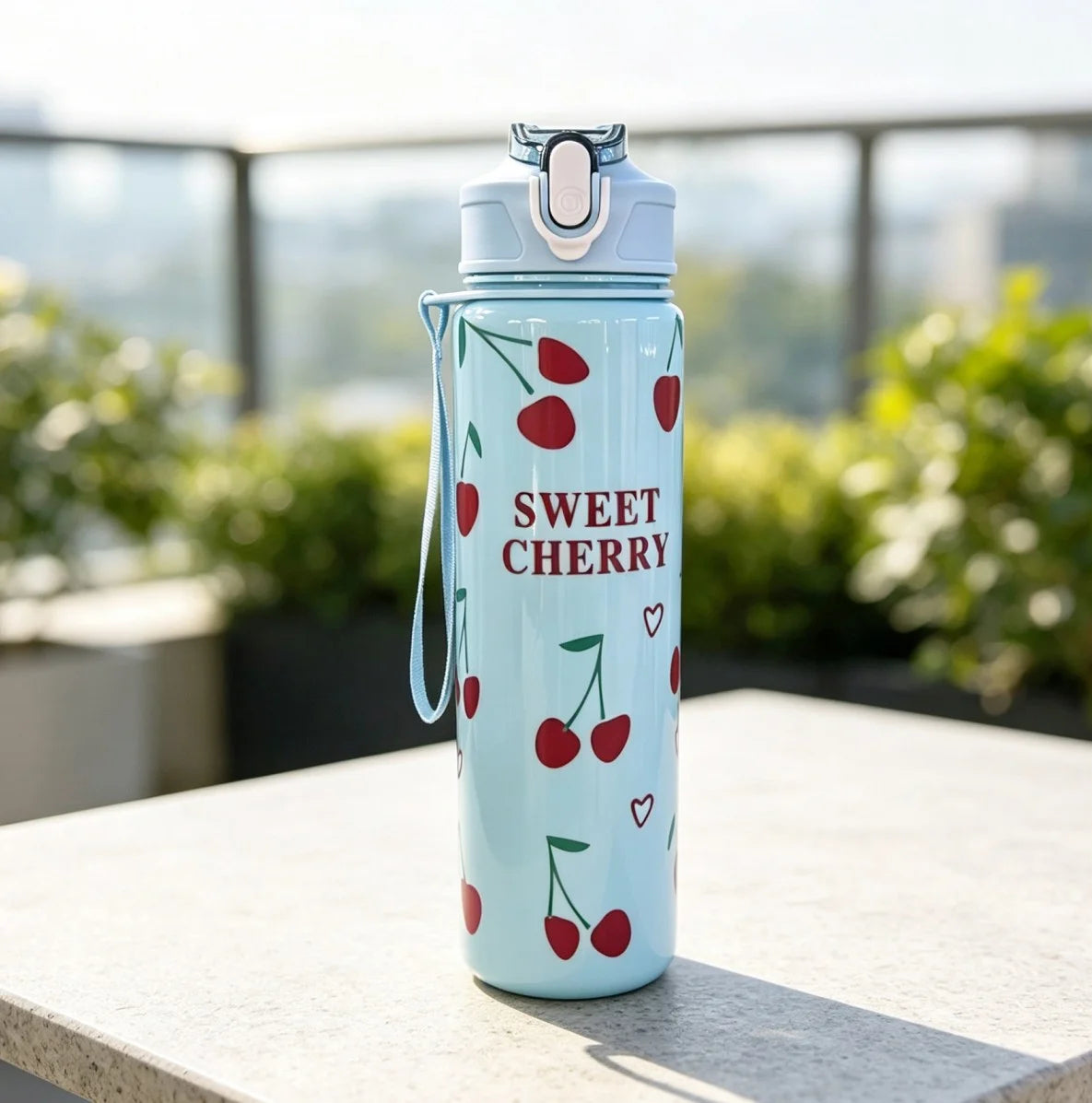 A light blue reusable water bottle with a cherry pattern sits on a white table outdoors.