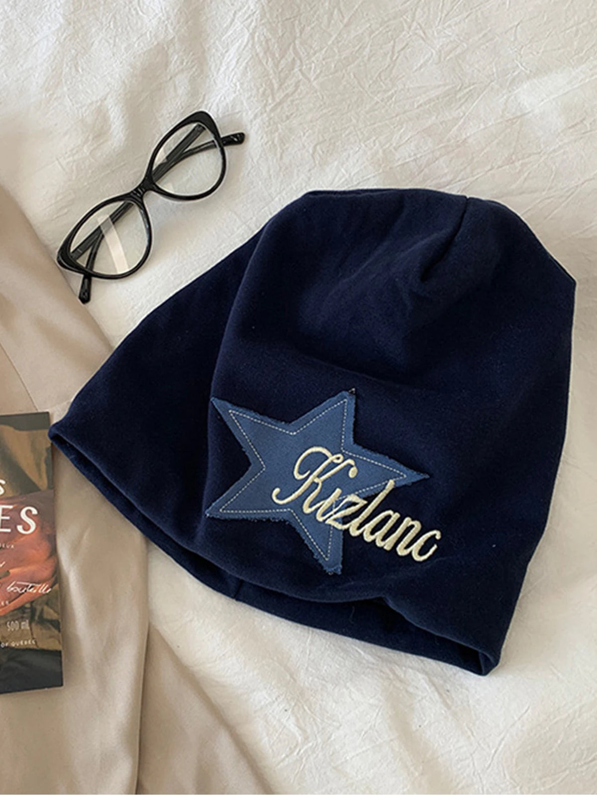 Embroidered Star-Patch Beanie Hat