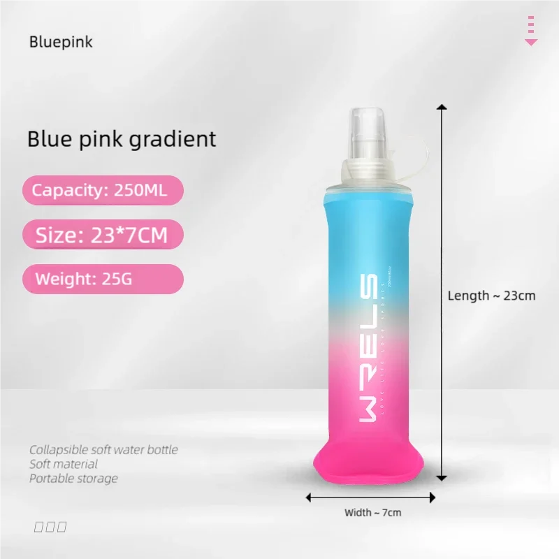 A blue pink gradient collapsible soft water bottle with a squeeze top, shown standing vertically.