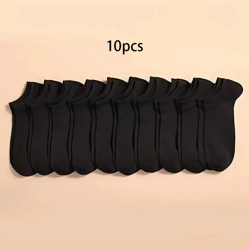 A pack of 10 black soft lightweight ankle socks laid out in a row.