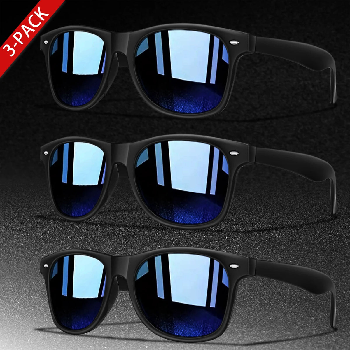 A 3-pack of black retro style UV protection sunglasses with blue mirrored lenses