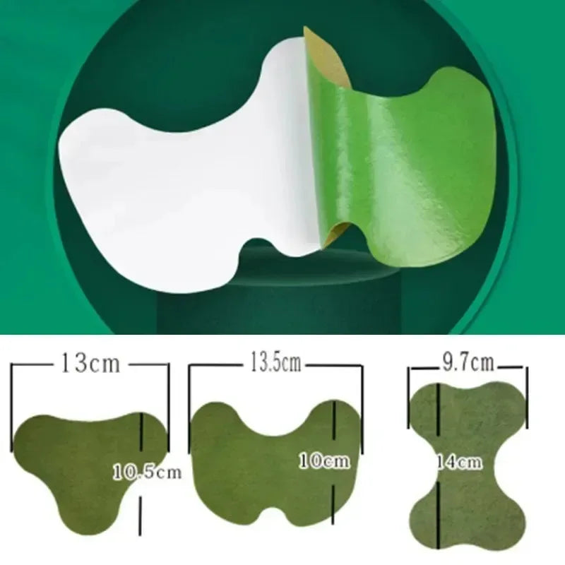 A white heat patch is shown peeling off a green product, with various shapes and sizes of the patches displayed below.