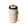A beige insulated thermos bottle with a black lid and a white display top.