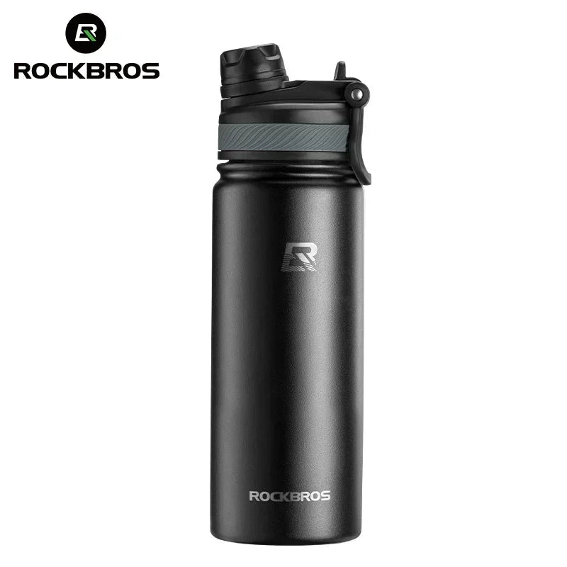 Black insulated stainless steel thermal water bottle with a silver cap and black finish.