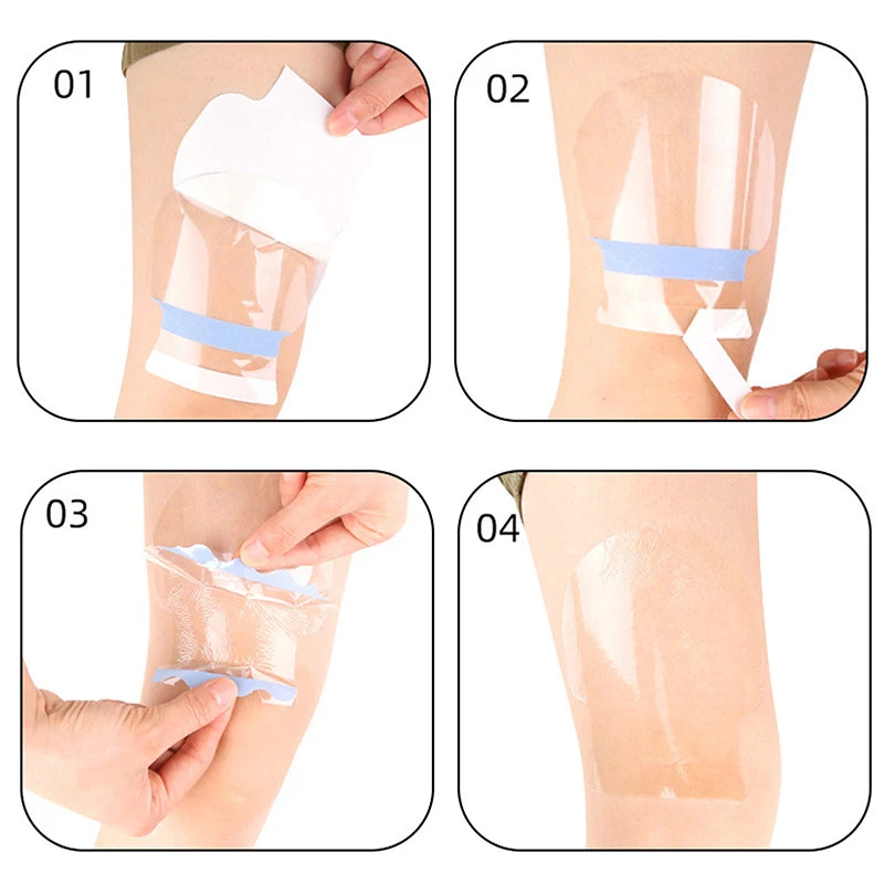 Four steps demonstrating the application and use of invisible body shaping patches on skin.